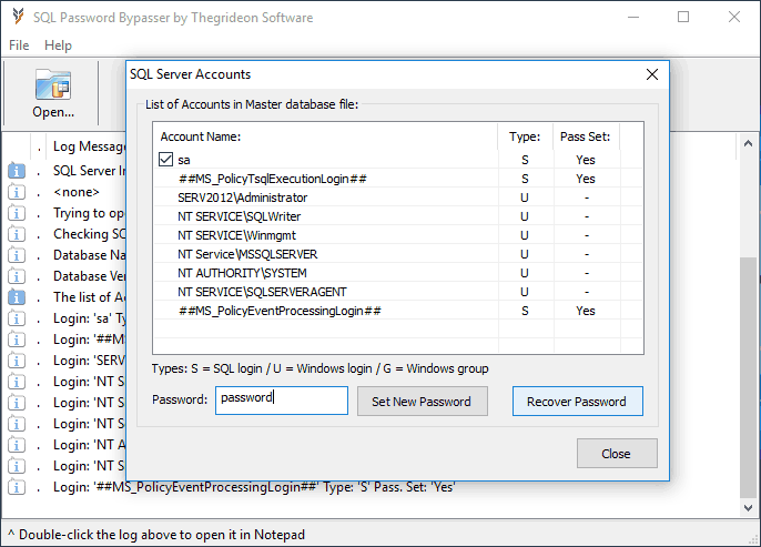 SQL Password Bypasser Screenshot