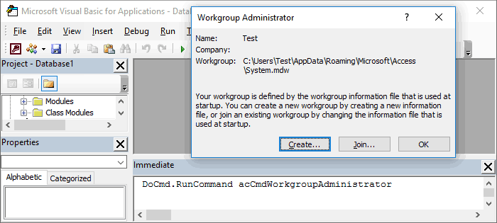 Workgroup Administrator dialog started from VBA code